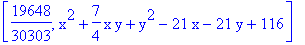[19648/30303, x^2+7/4*x*y+y^2-21*x-21*y+116]